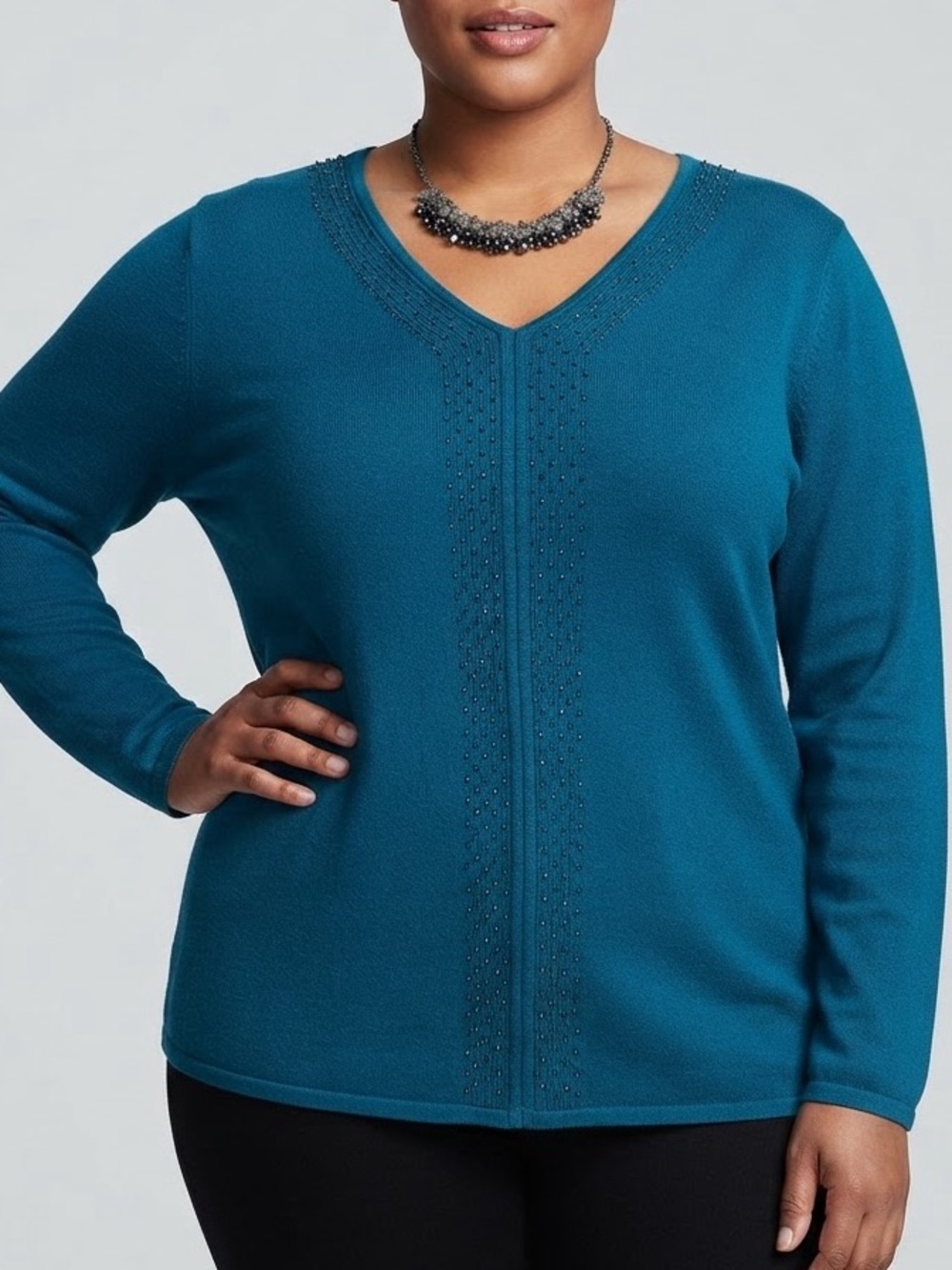 TRADITION Teal Long Sleeve Classic V Neck Sweater with Green Crystal Beading XL